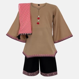 Light Brown Printed and Embroidered Linen Shalwar Kameez Set